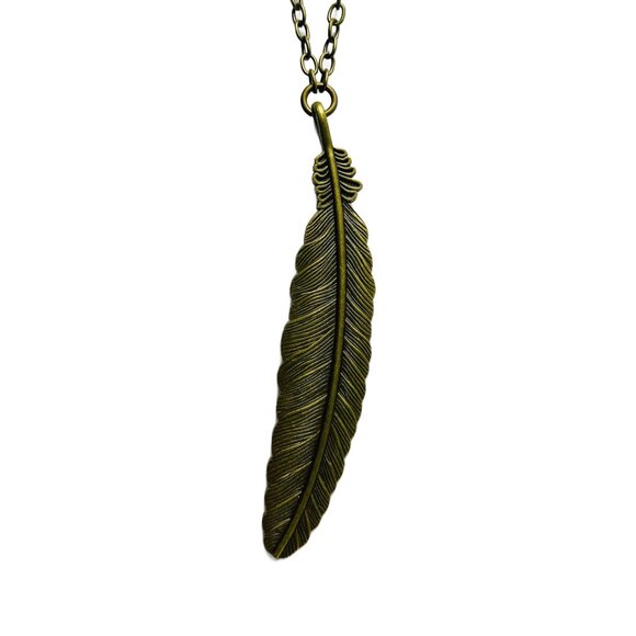 Large Feather Pendant Oval Link Chain Antique Bronze - Picture 1 of 8